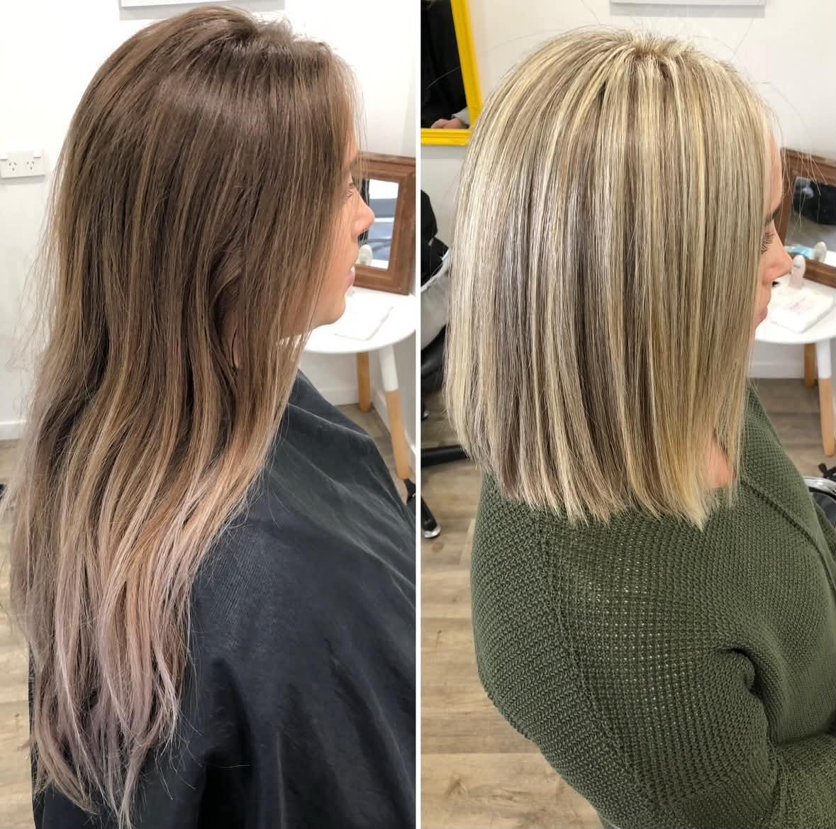 Before and after — lived-in cool blonde with face-frame