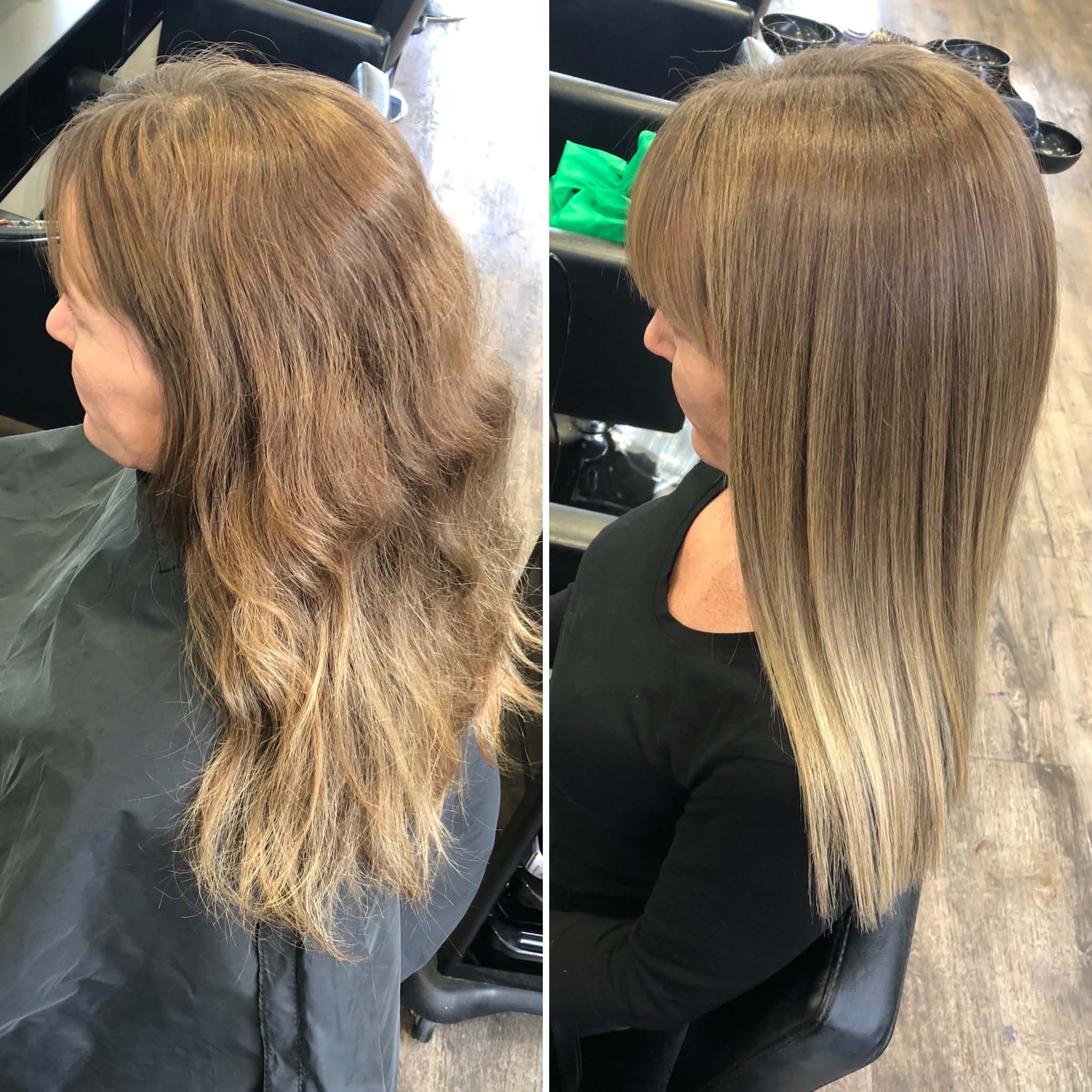 Before and after — smoothing treatment, frizz to glass