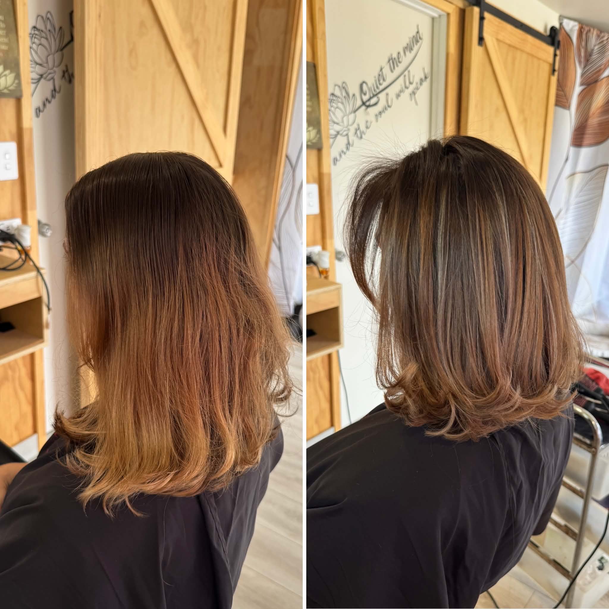 Before and after — fringe shaping and bouncy bob blow dry